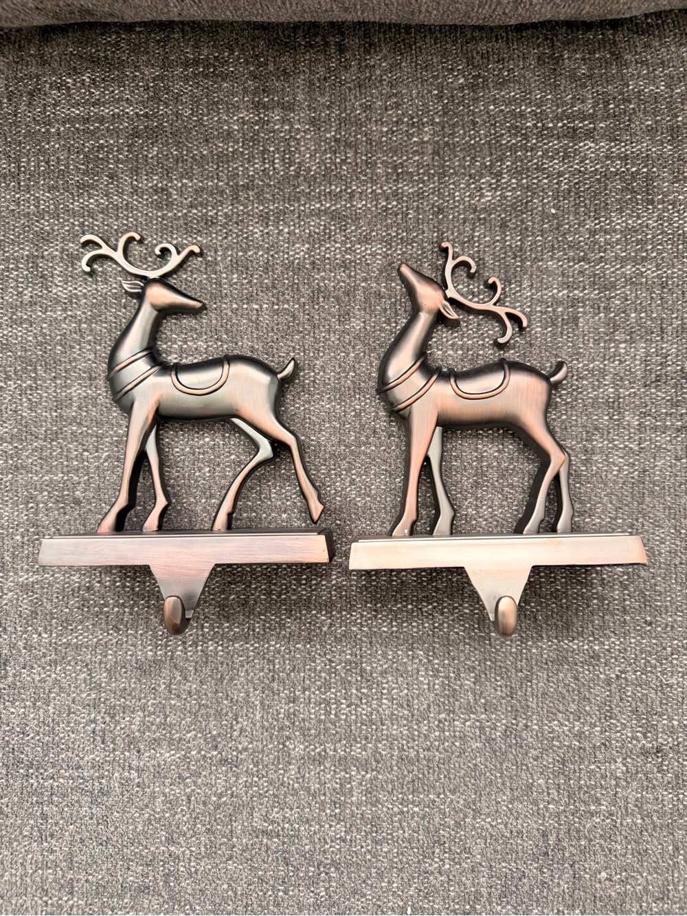 NEW Antique Bronze Metal Stocking Reindeer Hanger set of 2
